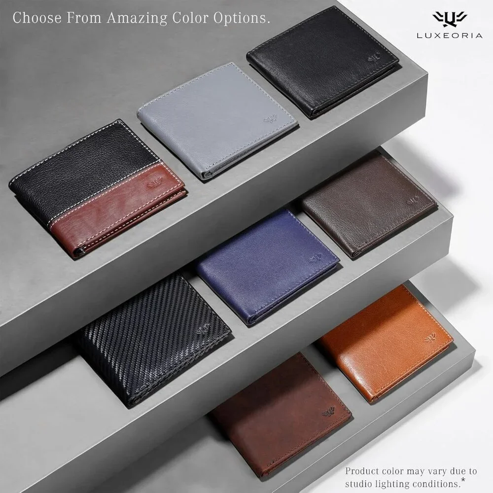 Men's Fashion Genuine Leather Slim Bifold Black Wallet Card Stylish Blocking